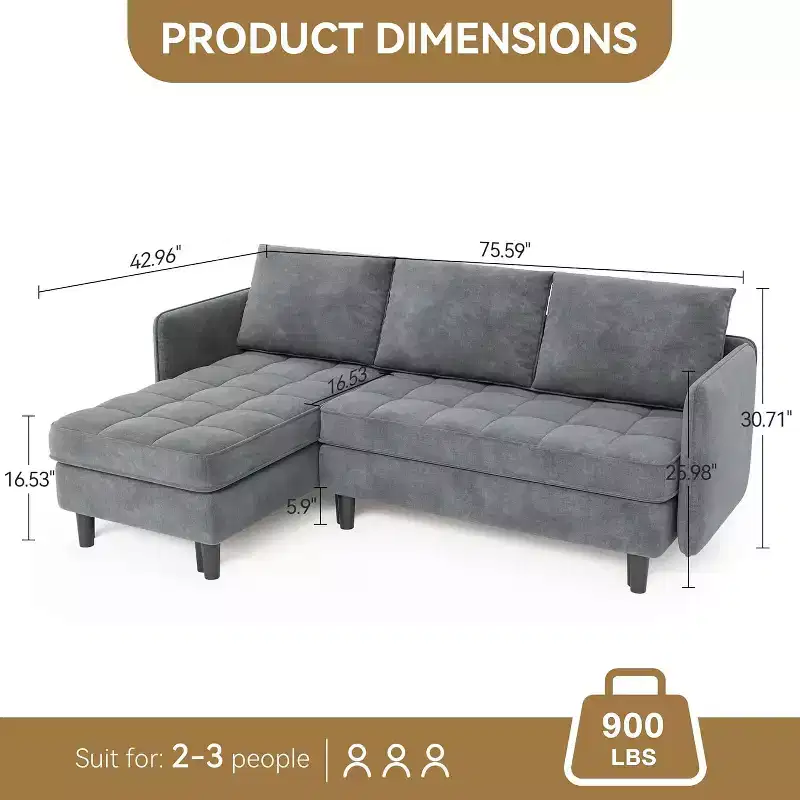 Reversible L-Shaped Chenille Sectional Sofa, Convertible Small Couch with Hidden Storage Space, Living Room & Apartment Sofa