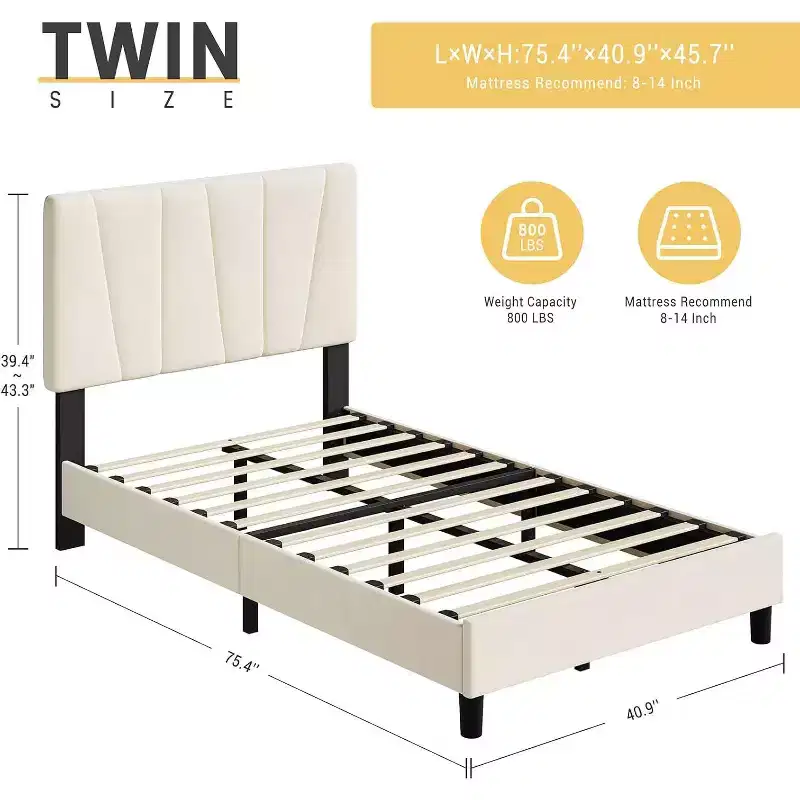 Set of 2 Twin Size Bed Frame with Adjustable Headboard, Velvet Upholstered Tufted Full Platform Bedframe with Strong Wooden Slats