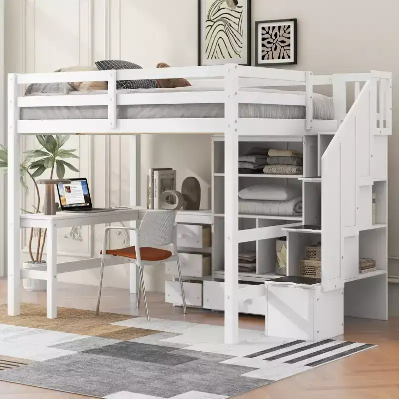 Twin Size Loft Bed with L-Shaped Desk, 3 Drawers, Cabinet, Staircase Storage, Solid Pine/MDF Build