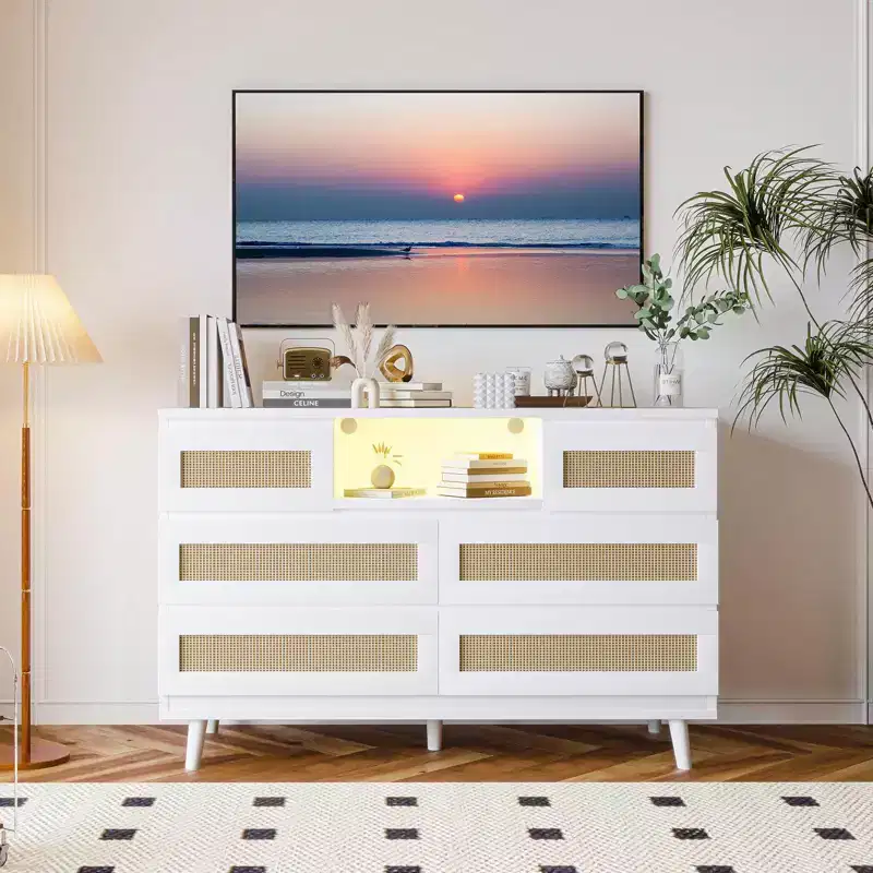 GARVEE 6 Drawer Rattan Dressers,Wooden Durable Dressers & Chests of Drawers with LED Light and Charging Station, TV Stand for Bedroom