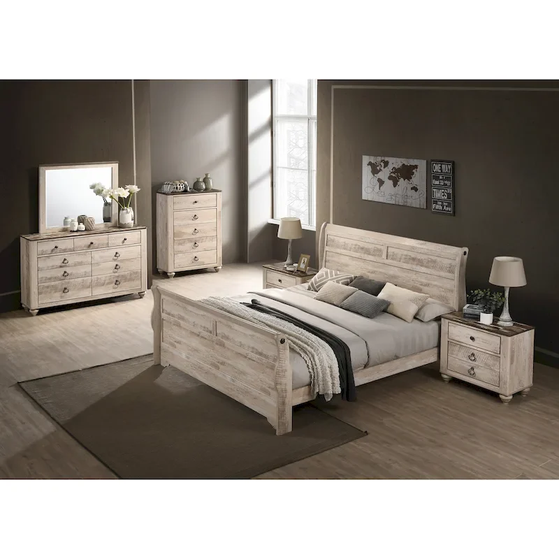 5-Piece Bedroom Set, White Wash Finish, Sleigh Bed + Dresser + Mirror + 2 Nightstands + Chest