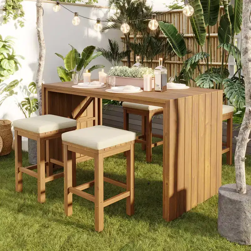Whisen 5-Piece Outdoor Patio Furniture Set Acacia Wood Bar Set with Bar Height Table, 4 Stools and Cushions