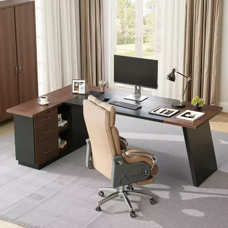L-Shaped Desk with Mobile Filing Cabinet, Heavy-Duty Metal Frame & 1.2-Inch Compressed Board