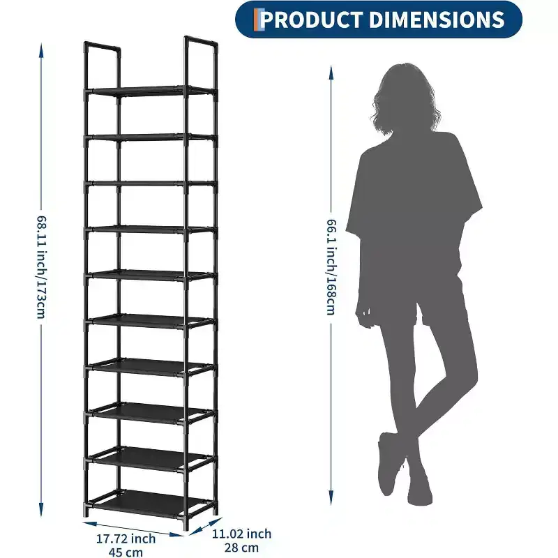 10-Tier Sturdy Metal Shoe Rack with Removable Fabric Shelves, Tall Space-Saving Corner Organizer for Closet, Entrance, Living Room