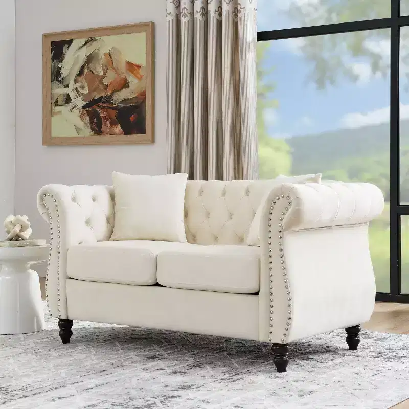 58.8-Inch Velvet Chesterfield Sofa, 2-Seater Tufted Couch with Rolled Arms & Nailhead for Living Room - Includes Two Pillows