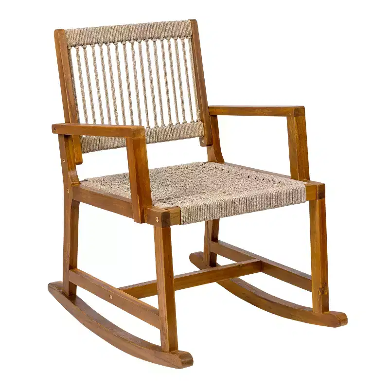JONATHAN Y Laguna Coastal Casual 352-LBS Support Acacia Wood and Woven Rope Outdoor Rocking Chair