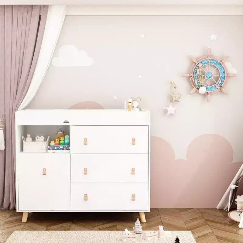 Famapy Baby Changing Table With leather Pulls Large Worktop Three Drawers Rich Storage Space Storage Cabinet
