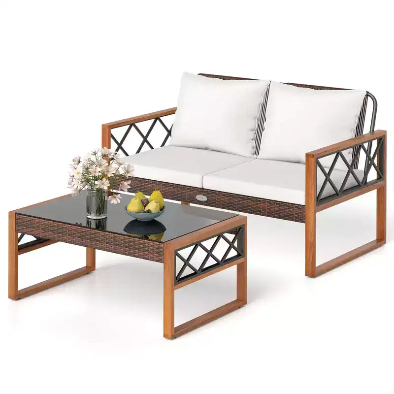 Costway 2 Pieces Patio PE Wicker Furniture Set Outdoor Acacia Wood Loveseat for Porch