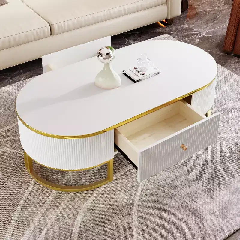 47W Modern Coffee Table Cocktail Table Center Table Accent Table with Drawers, Curved Profile Design, Gold Metal Leg, Oval, White+Gold-ModernLuxe