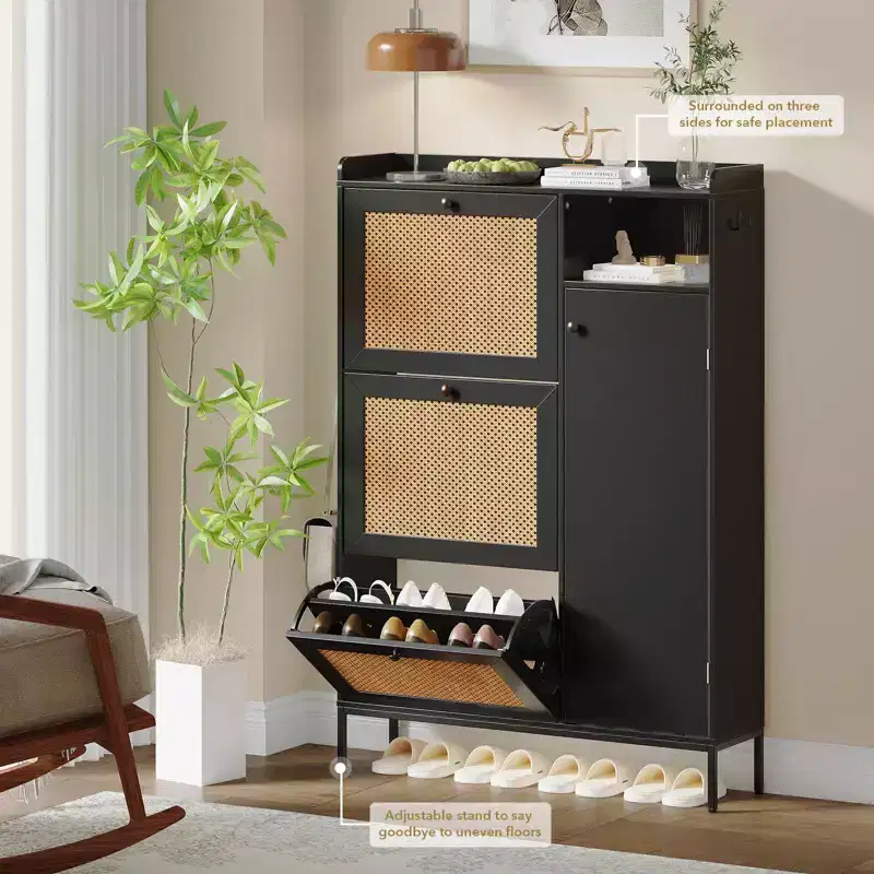 Rattan Shoe Cabinet, Shoe Cabinets with 3 Flip Drawers, Free Standing Narrow Shoe Storage Organizer with Adjustable Shelves