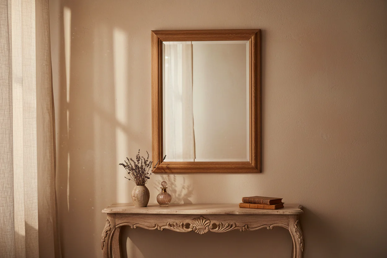Dresser Mirror, Beveled Glass, Oak Brown Solid Wood, 34x45