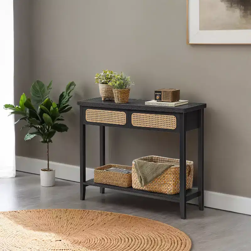 Rattan Console Table with 2 Drawers & Open Shelf, Narrow Entryway Table, 39.4
