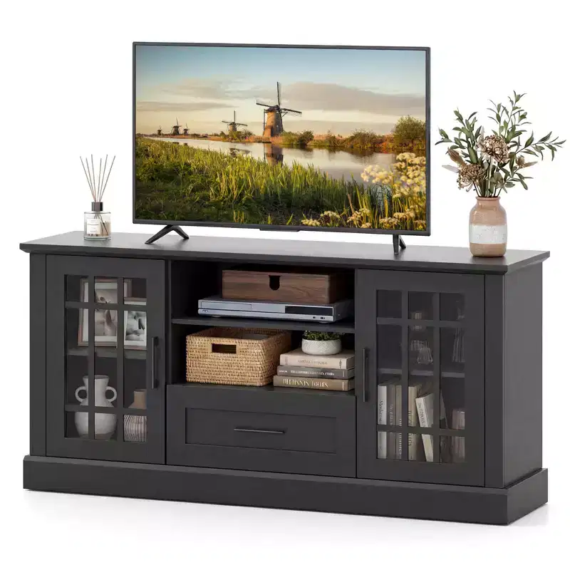 Costway Farmhouse TV Stand for TVs up to 70 Media Center with Glass Doors Cubbies & Drawer Green/White/Black