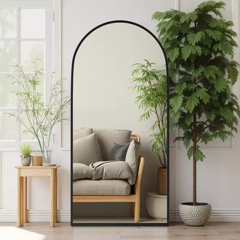 Black Aluminum Alloy Thin-Edge Arched Full-Length Mirror, 180x96cm, Wall Leaning with Bracket