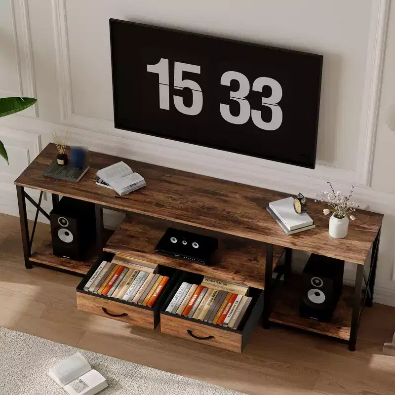 Modern TV Stand with 2 Fabric Drawers, Wooden Entertainment Center for TVs up to 75, Media Console Table with Open Shelves for Living Room Bedroom