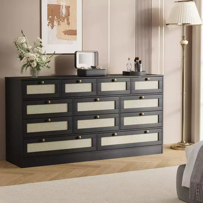 Wood Dressers with 12 Rattan Drawers, 61 Wide Chest of Drawers, Hallway, Wooden Closet Dressers, Modern TV Stand Dresser for 65 Inch TV