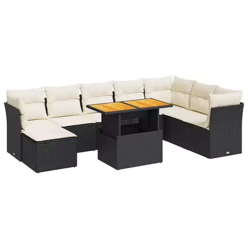 vidaXL 9 Piece Patio Sofa Set with Cushions Poly Rattan and Acacia