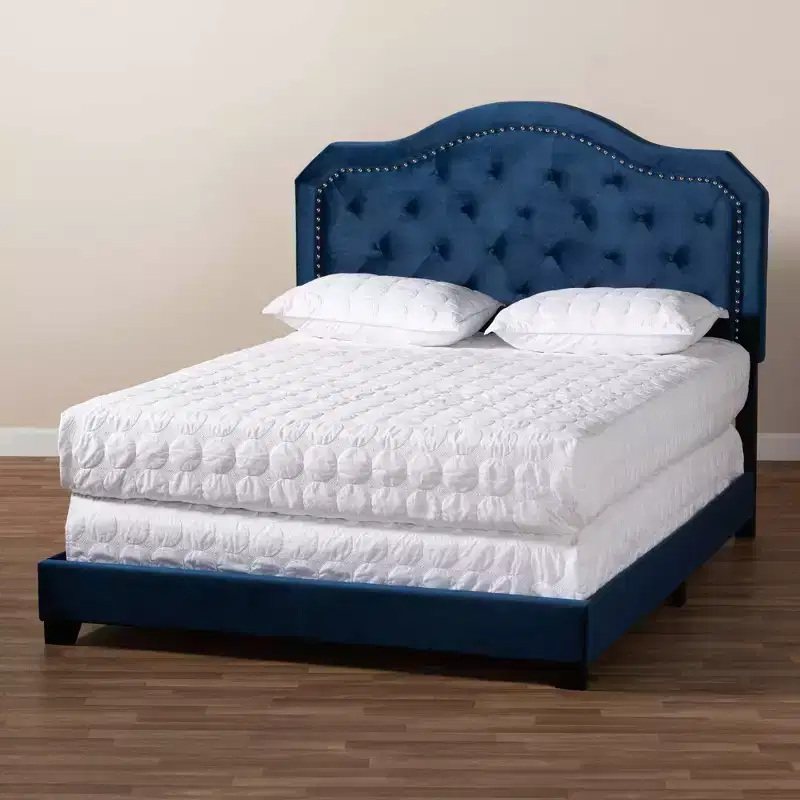Queen Velvet Button-Tufted Bed – Navy Blue/Black, Silver Nailhead Trim