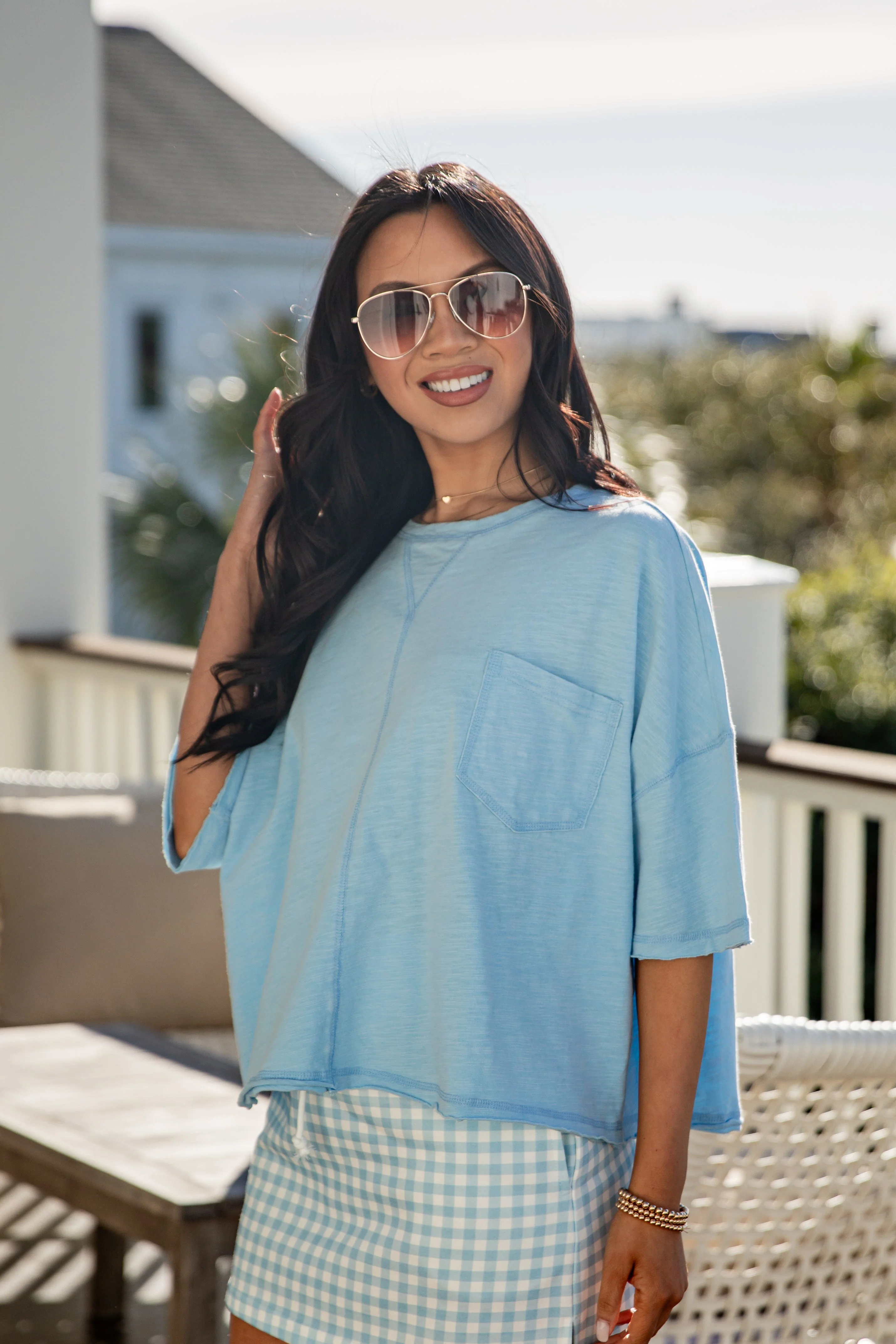 Light Blue Oversized Crop Short Sleeve Cotton Top