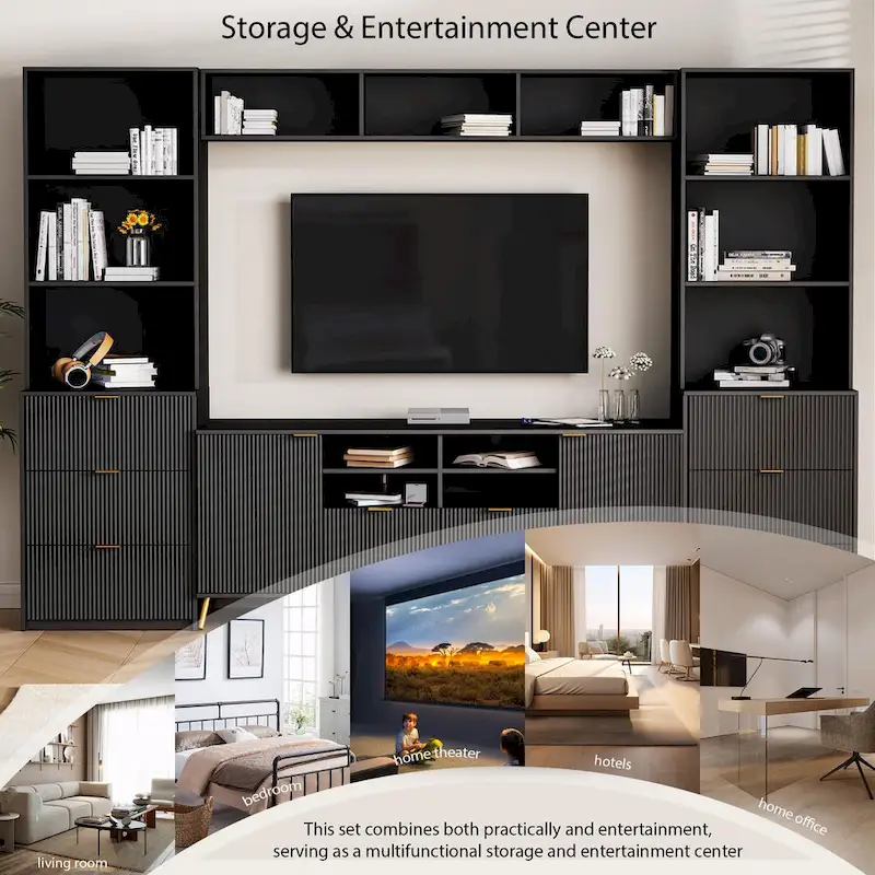 4-Piece Entertainment Wall Unit with 13 Shelves, 8 Drawers, and 2 Cabinets