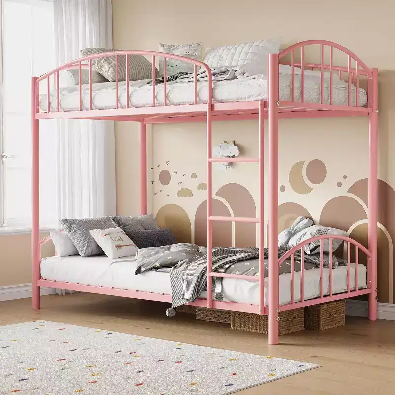 Twin over Twin Bunk Bed with Ladder, Arched Guardrail, Heavy Duty Steel Slats - Space Saving Pink Bunkbed for Kids, No Box Spring Needed.