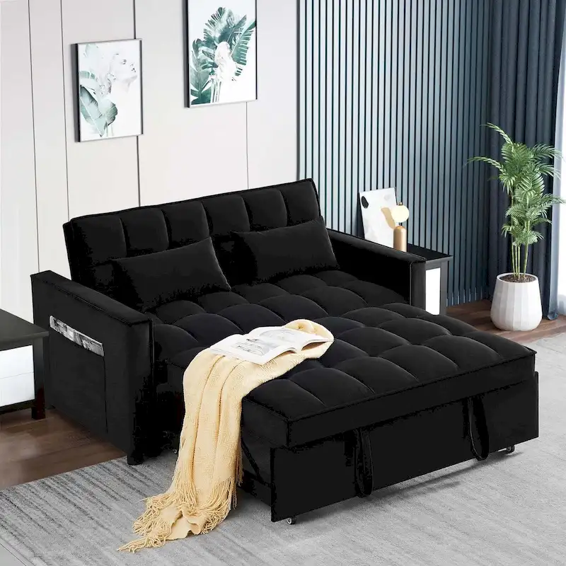 Aukfa Velvet Convertible Sleeper Sofa Loveseat with Side Pocket