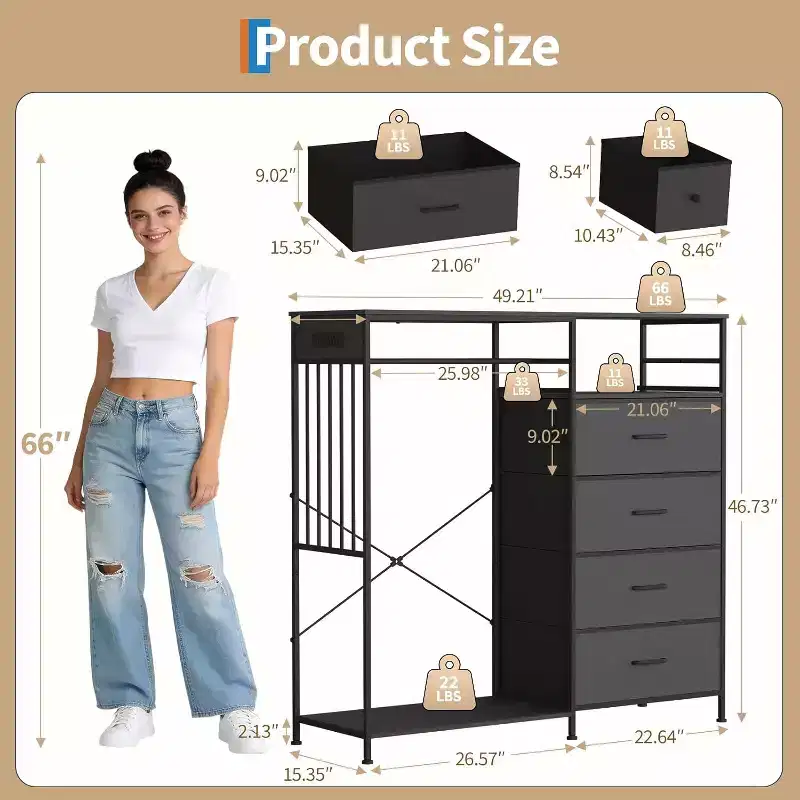 49.2 W Dresser for Bedroom with Hanging Rack, 6 Fabric Drawers Dresser with Clothes Rack, Wooden Top Storage Chest of Drawers