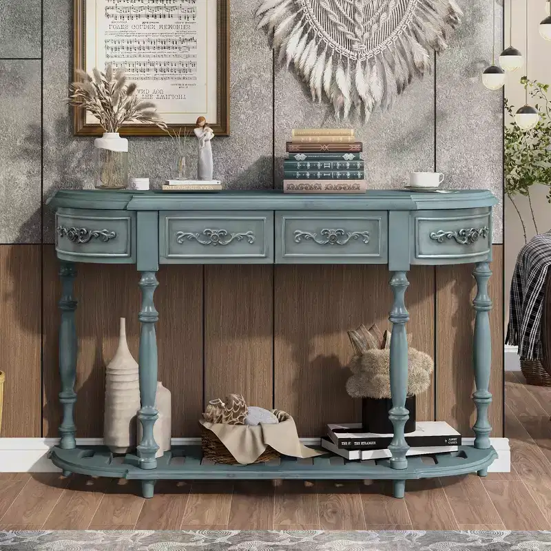 Retro Wood Curved Console Table, Half Moon Hall Entryway Table with Drawers & Shelf for Living Room, 52''