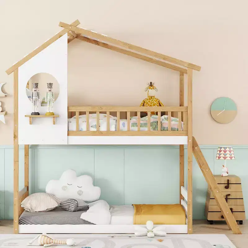 Twin Over Twin House Bunk Bed with Roof & Window, Kids Wood Bunk Bed with Ladder & Guardrails, Solid Pine Frame, Natural