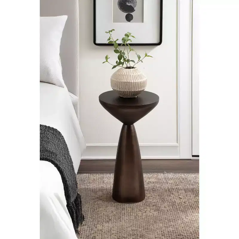 Metal Round Side Table – Bronze Sculptural Accent Table, 12.5x22.5 in