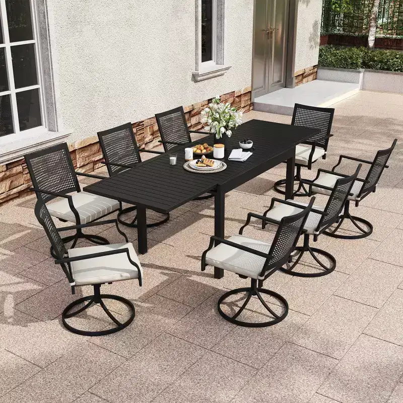 CLIHOME 9-Piece Patio Dining Set,Extendable Table & 360 Swivel Soft Cushion Chairs Outdoor Set