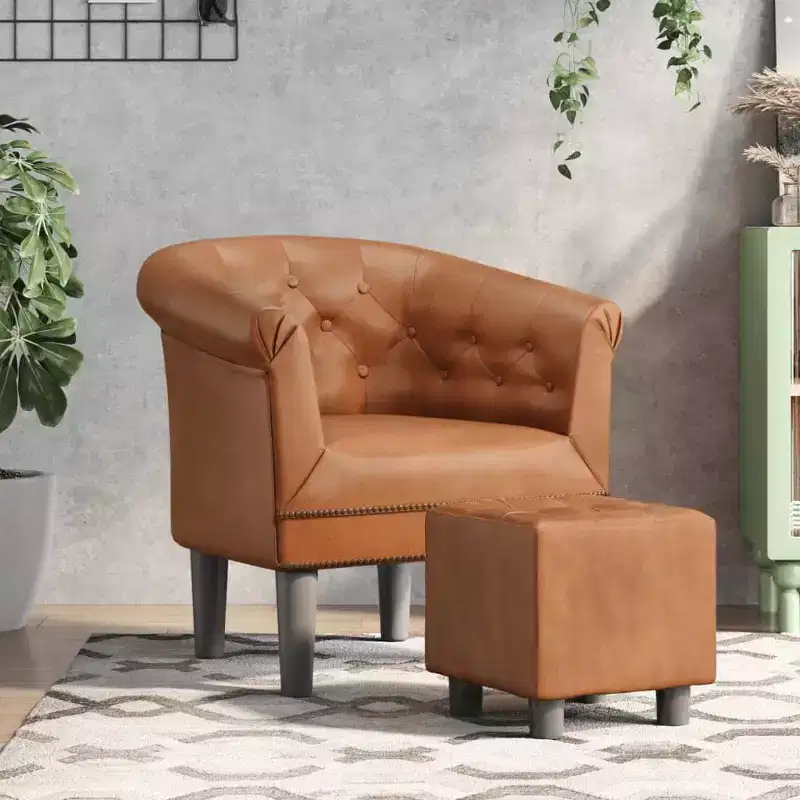 vidaXL Brown Faux Leather Tub Chair with Footstool - Modern Seating for Living Room, Bedroom & Home Office
