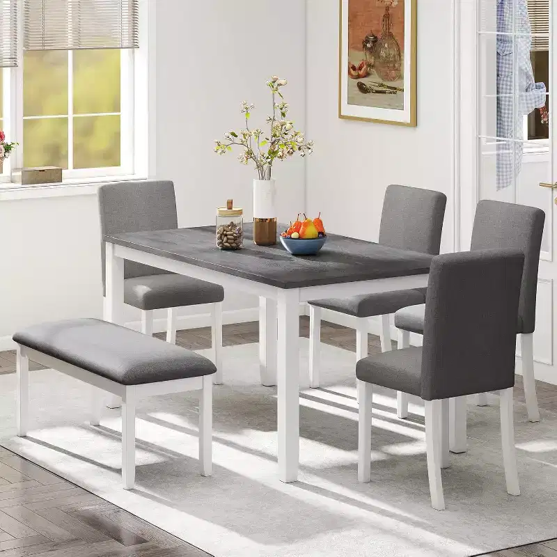 Zevemomo 6-Piece Wood Dining Table Set with Upholstered Chairs and Bench for Dining Room, Kitchen, Restaurant, Grey & White