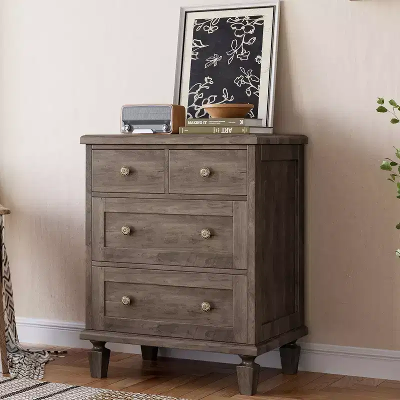4-Drawer Vintage Dresser with Tapered Legs, Grey Wood Chest of Drawers for Bedroom, Living Room