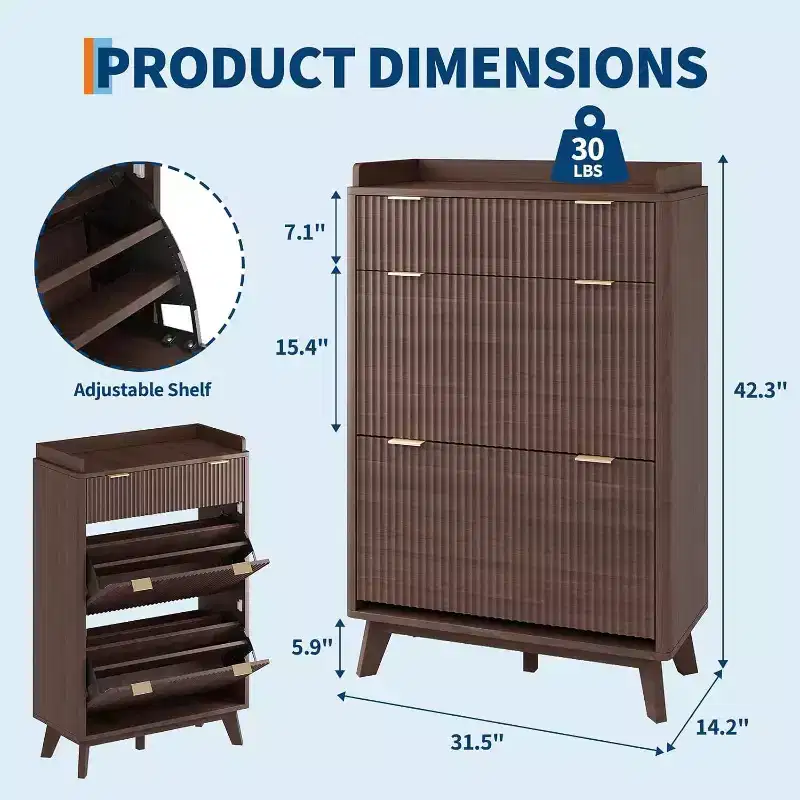 GustoWave Narrow Storage Shoe Cabinet with Fluted Design with 2 Flip Drawers and Top Drawer