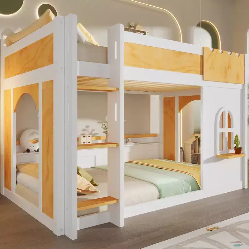 Twin Over Twin/Full Over Full Bunk Bed with Storage Shelves, Wooden Twin/Full Size Bunk Bed Frame with Window & Two Doors