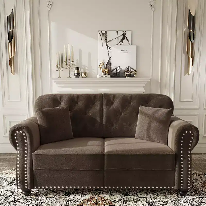 GDFStudio Eloise 63 Velvet Upholstered Chesterfield Loveseat with Nailhead Trim and Rolled Armrests