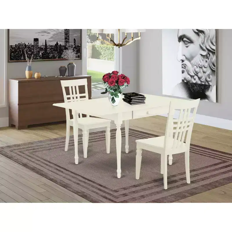 HomeStock 3-Pc Linen White Finish Solid Wood Top with Dropleaf Dining Table Set