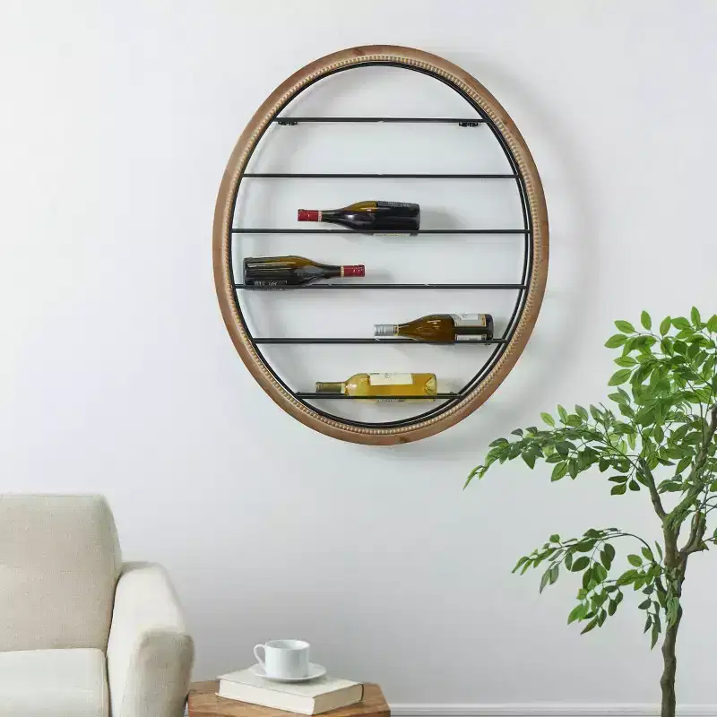 39"x39" Metal Oval 13 Bottle Wall Wine Rack with Beaded Frame Black - Olivia & May