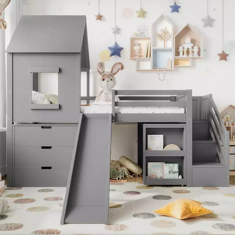 Letto a soppalco singolo con 3 cassetti e scala contenitore, struttura a casetta in legno con scivolo e scrivania rimovibile