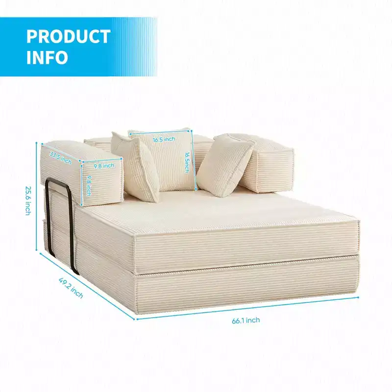 66 Convertible Sleeper Sofa Bed with Pillows, Folding Mattress Couch, Removable Washable Floor Sofa for Small Spaces