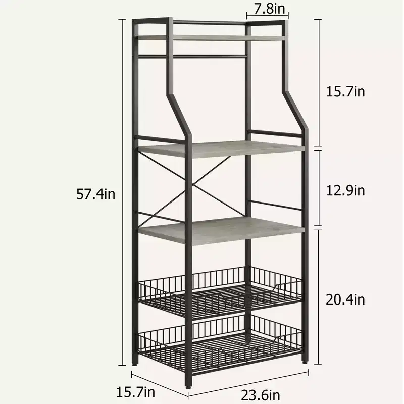 Freestanding Kitchen Bakers Rack, 5 Tier Microwave Stand with Wire Basket & Adjustable Feet, 50.7'' Tall Industrial Coffee Bar Statio