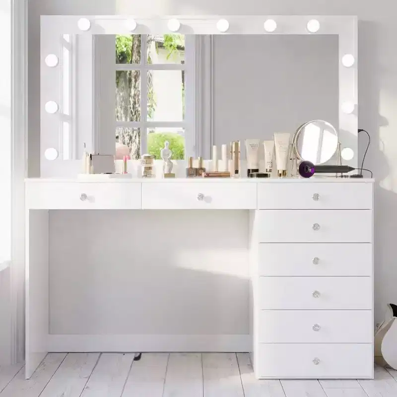 Hollywood Makeup Vanity with Lighted Mirror | 8 Drawers & USB Port | White