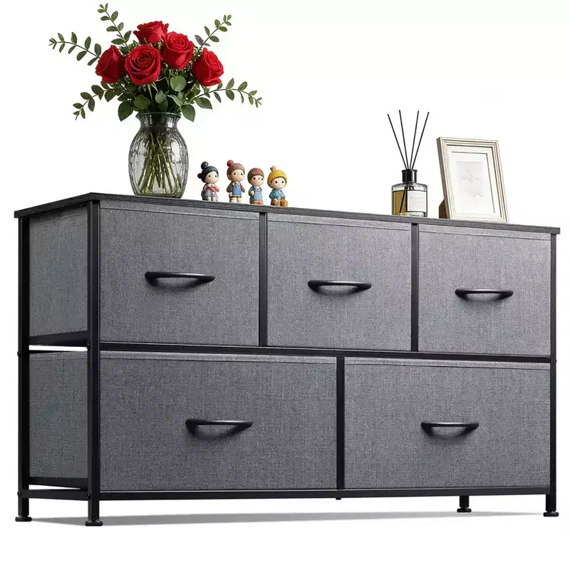 Spacious Storage Solution 5-Drawer Fabric Dresser Modern Bedroom Chest Metal Frame Organizer Wide Removable Drawers
