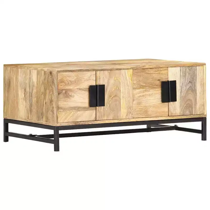 vidaXL Low Coffee Table with Storage - Crafted from Solid Mango Wood with Powder Coated Steel Legs, Rustic and Industrial Design, Brown