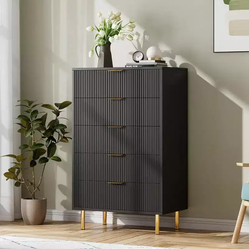 Modern 5 Drawer Dresser for Bedroom with Gold Handle and Large Drawer, Wood Double Chest of Drawers and Storage Organizer for Home