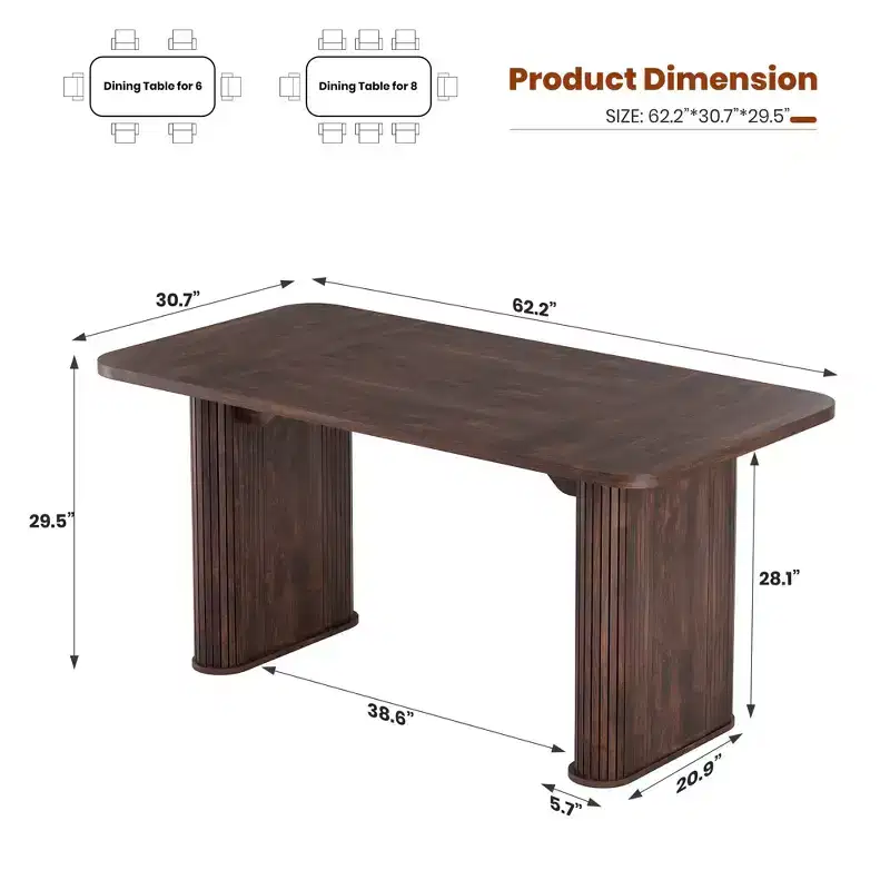 62 Dining Table for 6-8 | Rectangle Wooden Kitchen Table with Double Pedestal, Sturdy Dinner Table for Dining Room, Kitchen & Living Area