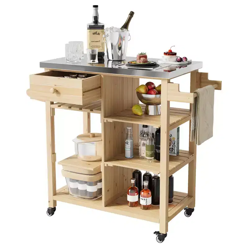 COZONY Multifunction BBQ Grill Cart for Patio w/ Stainless Steel Top - Hardwood Rolling Prep Table, Storage Cabinet & Shelves, Portable Kitchen Cart