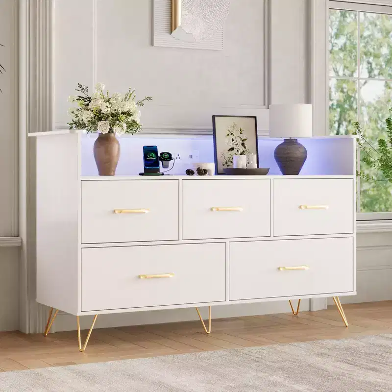 Modern Dresser for Bedroom, Wooden Dresser Storage Cabinet with LED Lights & Charging Station, White Chest of Drawers for Closet, Hallway, Entryway