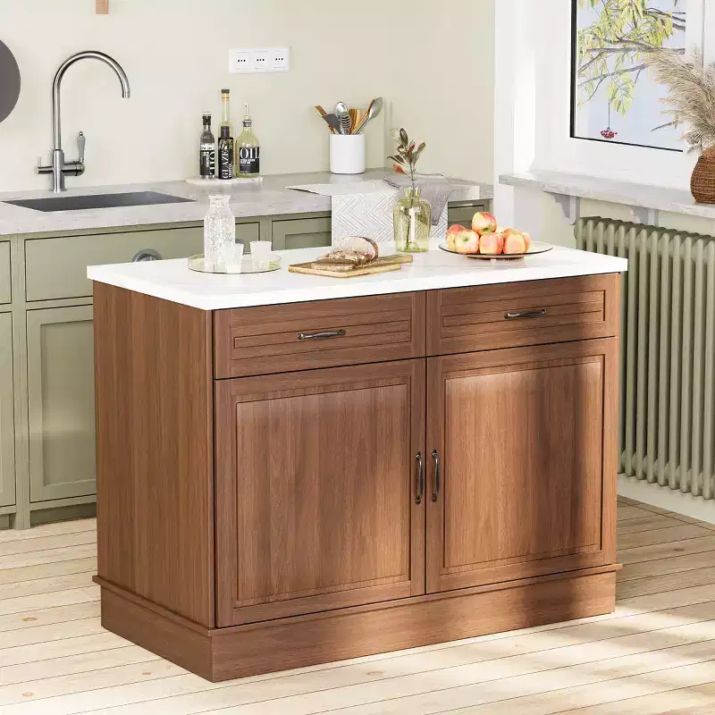 48 Island Table For Kitchen, Classic Kitchen Island Cart With Storage, Marble Countertop, Walnut Wood Grain And 2 Drawers & 2 Cabinets